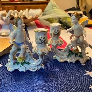 Vintage Dresden Porcelain Cherub Candle Holders - Multicolor